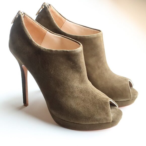 Pour La Victoire Moss Green Suede Leather Peep Toe Stiletto Heel Bootie Shoes 6 - Picture 1 of 15